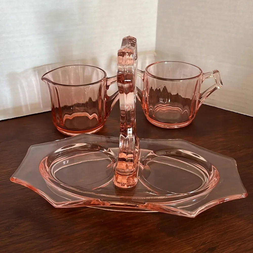 Cambridge Marked #622 Decagon Pink Depression Glass Sugar Creamer Tray 1930